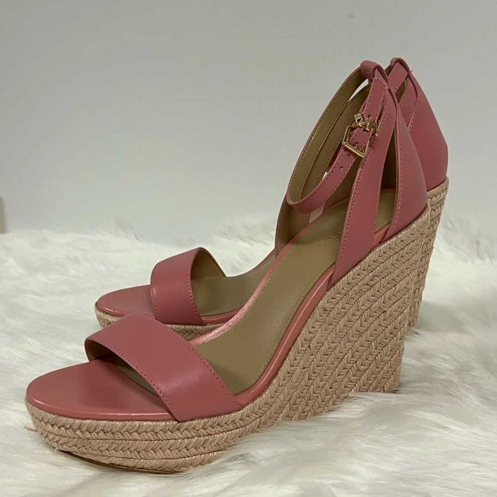 Michael Kors Kimberly Leather Platform Espadrille Wedges In Coral Size 10 NWOB